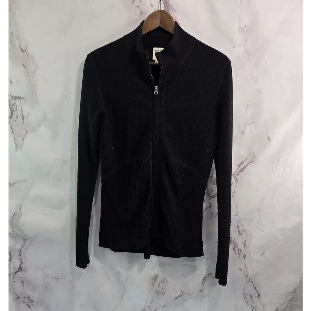 Title Nine Sweater Womens Small Black Merino Wool Mock Neck Full Zip Pockets